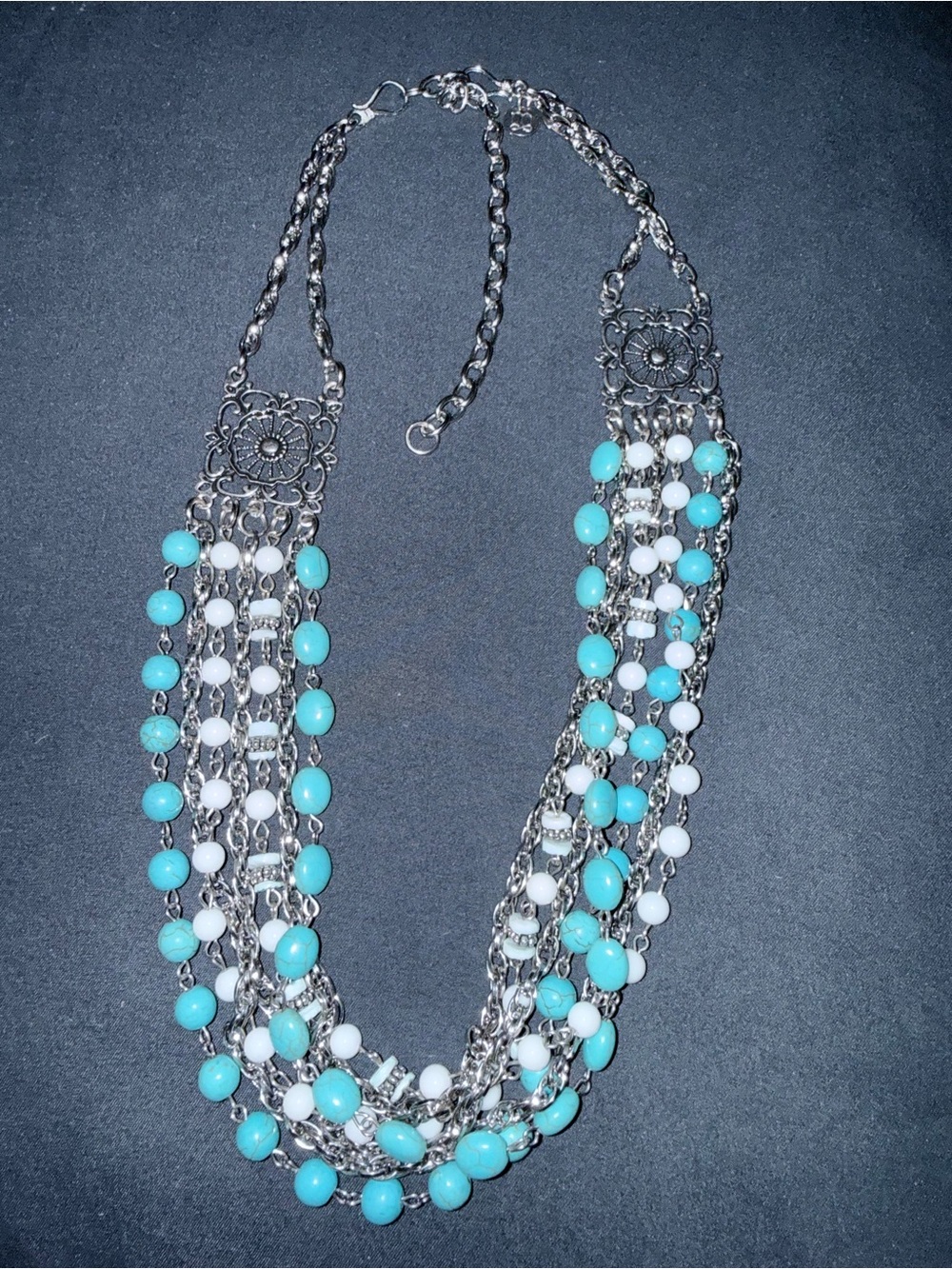 Mialisia Boho Y2K Turquoise & White Multi-Strand Beaded statement Necklace ~28”